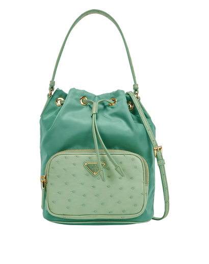 Duet Bucket Bag, &pound;895, Handbags, Green, Nylon/Ostrich, Front view